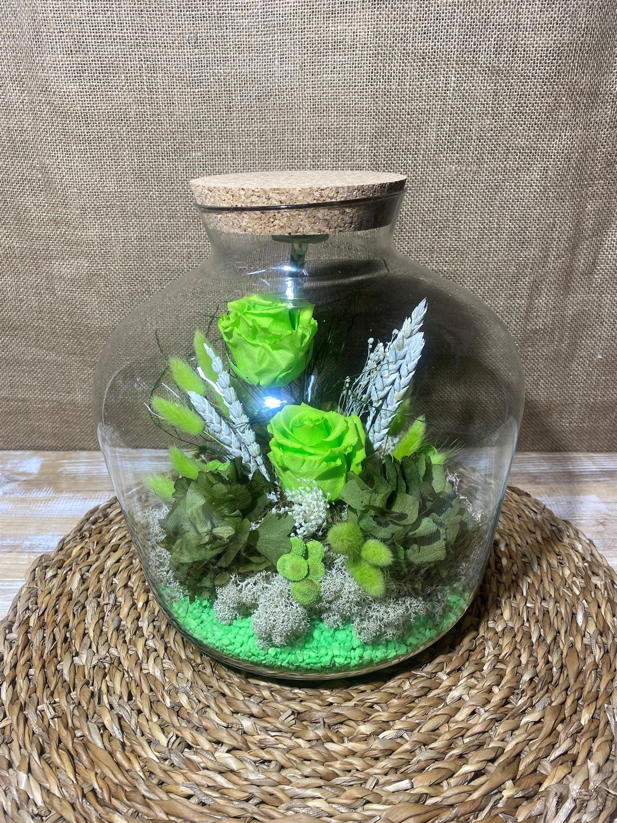 Terrarium con tapa de corcho y luz en tonos verde pistacho - Imagen 1