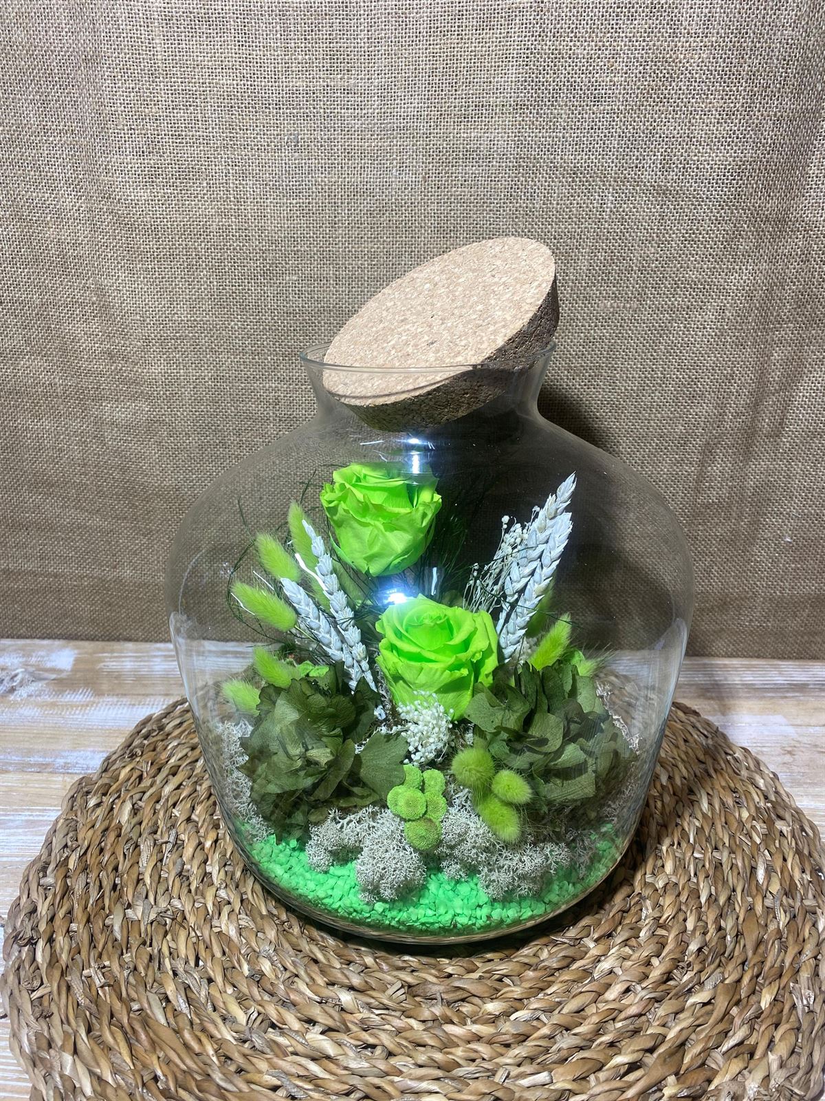 Terrarium con tapa de corcho y luz en tonos verde pistacho - Imagen 3